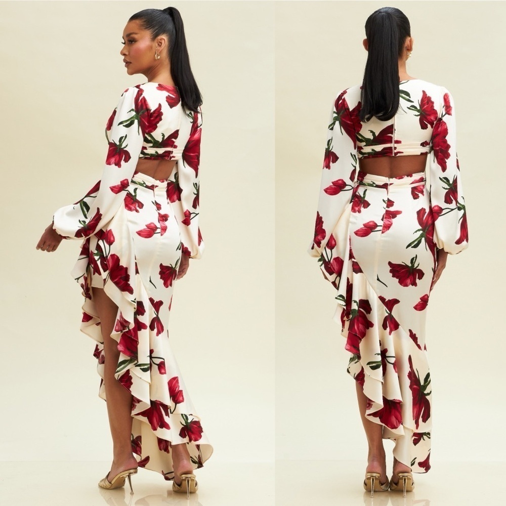 163. Elegant Bloom High-Low Dress with Open Back & Cascading Ruffles